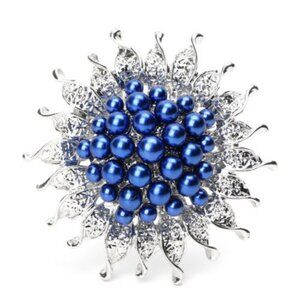 NEW Blue Pearl Sunflower Brooch, silver base, 2 inches